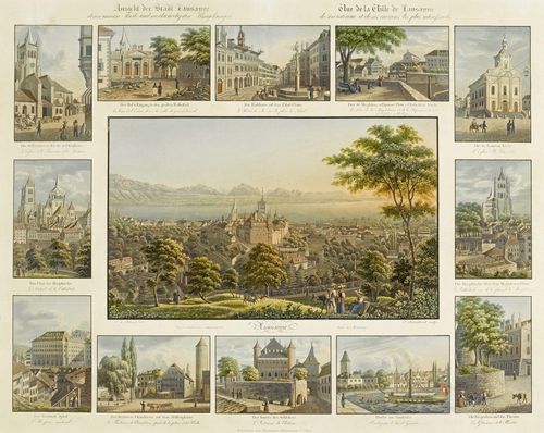 LAUSANNE.-Isenring, circa 1830. Ansicht der Stadt Lausanne, deren innern Theile und merkwürdigsten Umgebungen. A.D. Schmid del. C. Burkhardt sculp. Coloured aquatint etching, 37.2 x 50 cm. Wäspe 111. Gold frame. - Group engraving with view of Lausanne "von der Einsiedelei aufgenommen" in the centre and with 12 margin images with sightseeing spots of the town. - Even minor browning, the upper margin with three professionally restored tears, which are barely visible. Overall fine impression.