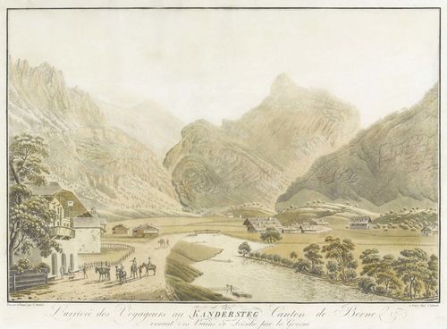 CANTON OF BERN.-Jakob Samuel Weibel (1771-1846). L'arrivée des Voyageurs au Kandersteg Canton de Berne venant des Bains de Löesche par la Gemmi. Original coloured etching, 35 x 51.8 cm. Gold frame. - Even minor browning and minor foxing in parts and soiling. Overall good condition. - Rare.