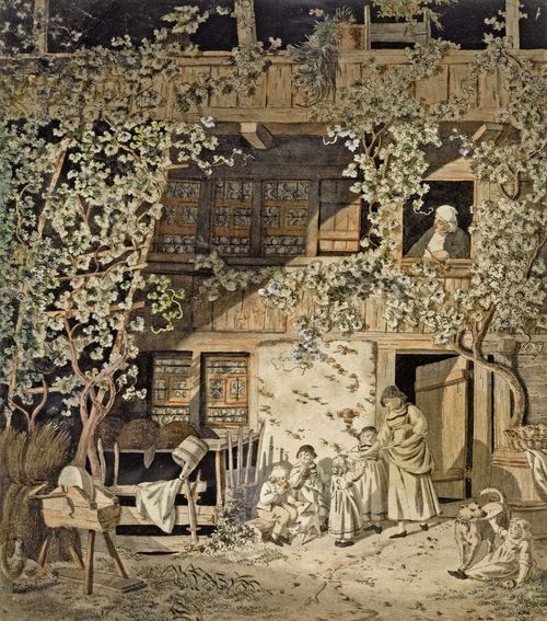 Attributed to KÖNIG, FRANZ NIKLAUS (1765 Bern 1832)Idyllic scene before a farmhouse with a young mother, dividing the bread amongst her children. Watercolour over pen in grey, 24 x 20 cm. Framed. - Fresh colour.