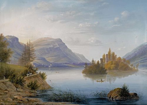 SCHWYZ CANTON.-Anonymous, circa 1800. Lauerzersee mit der Insel Schwanau. Gouache, 33 x 46 cm. With grey gouached outer line and grey-green gouached margin. Entitled in margin in brown pen: Die Insel Schwanau am Louwerzersee. Gold frame.