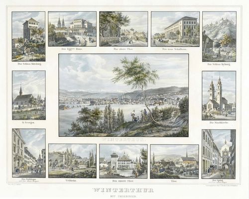 WINTERTHUR.-After Emanuel Labhardt (Steckborn 1810 - 1874 Feuerthalen). Winterthur and surrounding area. Souvenir as group motif. Coloured lithograph, 38 x 49 cm. Winterthur, C. Studer, circa 1850. Gold frame. - In fresh, almost untouched condition.