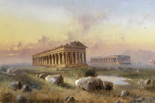 BATTISTA, GIOVANNI (1860 - 1925).The temple of Paestum. Watercolour and pastel, 33.5 x 51.5 cm. Signed lower left: G. Battista. Framed. - Fresh colour, scattered foxing. Overall good condition.
