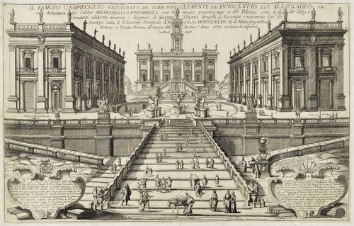 ITALY - ROME -Matteo Gregorio Rossi, 1687. Il famoso Campidoglio ristaurato da sommi Pont Clemente VIII Innocentio X et Alessandro VII Architettura del Celebre Michelangelo Bounarouta... Etching, 44 x 67 cm. Engraved number upper left: 17. - Strong, deep black impression with fine margin around the plate edge. Fully mounted on backing sheet. Slightly visible central fold and minor waving. Overall good condition. - Rare.