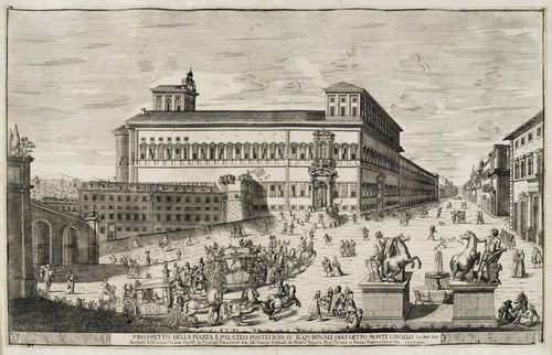 ITALY - ROME.-Matteo Gregorio de Rossi after Giuseppe Tiburzio Vergelli, 1693. Prospetto della Piazza e Palazzo Ponteficio su il Quirinale oggi detto Monte Cavalallo ... Etching, 44.5 x 70 cm. Engraved numbering upper left:14. - Strong, deep black impression with fine margin around the visible plate edge. Old mount on backing sheet. Slight vertical central fold, somewhat waved. Overall good condition. Rare.