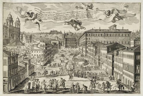 ITALY - ROME.-Gregorio Matteo Rossi, circa 1690. Prospetto della Chiesa della Santissima Trinita de Monti detta volgarmente Piazza di Spagnia, data in luce delle Stampe originali die Matteo Gregorio Rossi.... Etching, 45 x 66.5 cm. Engraved number upper left: 18. - Fine, deep black and even impression with mostly visible plate edge and with fine margin around this. Mounted on backing sheet. Central fold only just visible, somewhat waved. Overall good condition. - Rare.