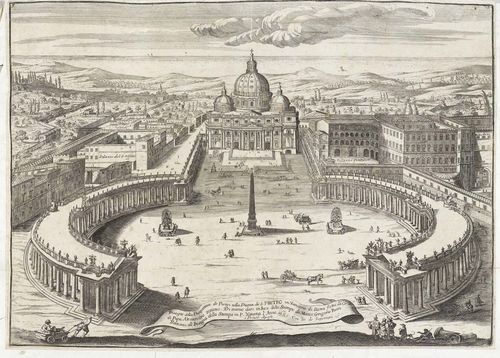 ITALY - ROME.-Matteo Gregorio de Rossi. Lot of 6 sheets with views of Rome: 1. Facciata dell' Arco antico di Costantino, 1692. 2. Nuovo et essatto Prospetto dell' antico Arco Trionfale di Settimio Severo posto nell' foro Boario, 1692. 3. Prospectus Amphitheatri Vespasiani e Titi Impp., 1696. 4. Prospectus Columnae Traiani Imp., 1692. 5. Prospectus Colmnae Antonini Py Imp., 1693. 6. Prospectus Basilicae S. Joannis Lateranensis, 1693. 7. Disegno della Prospettiva de Portici nella Piazza di S. Pietro in Vaticano di Roma, 1685. Etchings, each ca. 38 x 48.5 cm to 43.5 x 51.5 cm. All sheets with original mount. - Also included: Matteo Gregorio de Rossi, Visitur Romae in Palatio Farnesiorum. Etching, 59 x 35 cm. - All sheets slightly waved, some minor foxing. With smaller issues of conservation, but overall in good condition. - Rare.