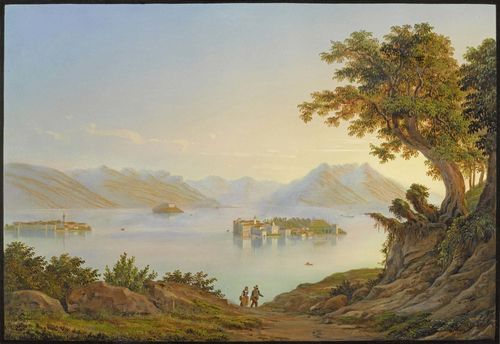 LAGO MAGGIORE - BORROMEAN ISLANDS.-View of Lago Maggiore with the Borromean islands, circa 1830. Gouache, 48.5 x 71 cm. Black pen outer line and grey-green gouached margin. Signed lower right in brown pen: R. Weymann (?). Old gold frame. Fresh colours, in almost untouched condition.