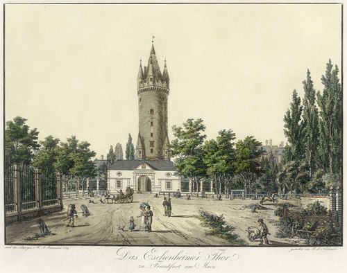 DEUTSCHLAND - FRANKFURT A.M.-Das Eschenheimer Thor zu Frankfurt am Main. Nach der Natur gez. v. F.A. Ramadier 1819, gestochen von F.L.Neubauer. Original coloured etching, 29 x 36 cm (image). Framed. - Fine condition.