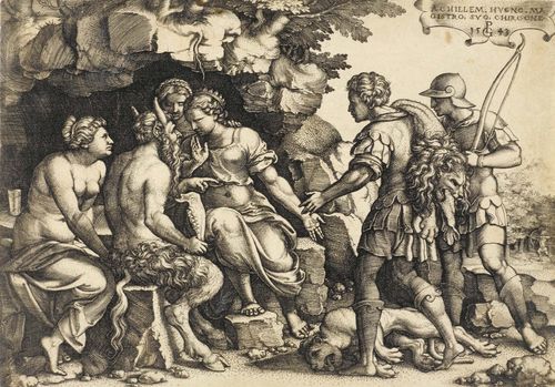 PENCZ, GEORG (Bad Windsheim 1500 - 1550, probably Breslau).Collection of 22 engravings. Including: 1. The judgement of Solomon B.23; 2. The seven acts of mercy 7 sheets from a suite of 8, B. 58-64; 3. the good Samaritan B.68; 4. Marcus Curtius falls into the chasm B.75; 5. Attilius Regulus B.77; 6. Tarquinius and Lucretia B. 78; 7. The dying Lucretia B. 79; 8. Horatius Cocles defends the bridge B.80; 9. King Porsenna receives the news of the violation of Cloelias B. 81; 10. Artemisia drinks the ashes of her husband B. 83; 11. The courtesan on show at the market B.88 (two impressions, one of which an undocumented early state); 13. Thetis and Chiron B.90; 14. Dialectica B.111; 15. Musica B.114; 16. Vergil at the mercy of the people's scorn, B.87 17. The death of Virginia. Various formats, some in the round