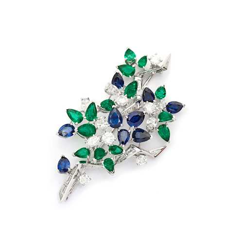 SAPPHIRE, EMERALD AND DIAMOND BROOCH, BY MEISTER.