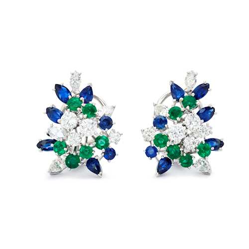 SAPPHIRE, EMERALD AND DIAMOND EARCLIPS, BY MEISTER.