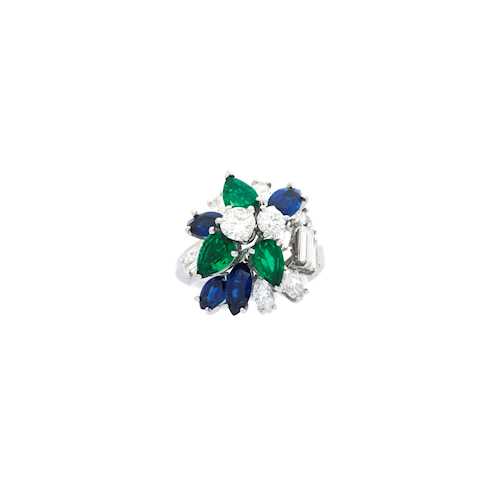 SAPPHIRE, EMERALD AND DIAMOND RING, BY E. MEISTER, ca. 1970.