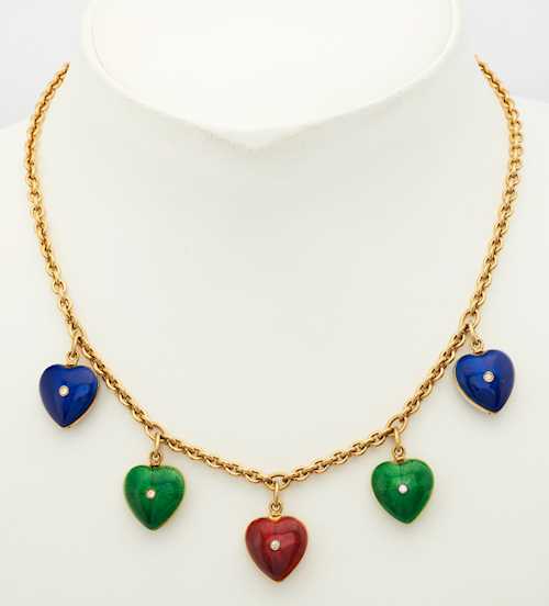 ENAMEL, DIAMOND AND GOLD NECKLACE.