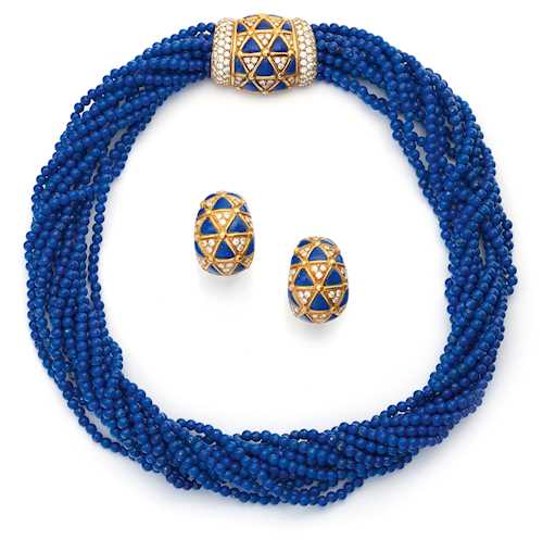 LAPIS LAZULI AND DIAMOND NECKLACE WITH EARCLIPS, BY VAN CLEEF & ARPELS.