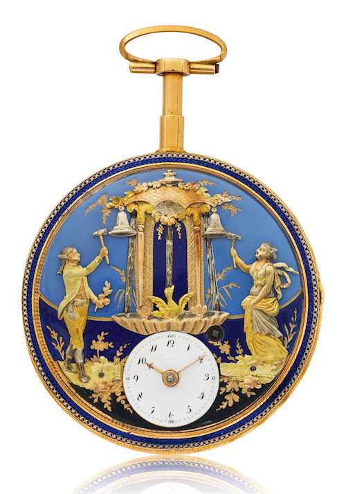 Veigneur Frères, extremely rare and large gold enamel pocket watch with 1/4-repeater and automation, for the Chinese market, ca. 1790.