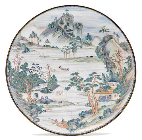 A LARGE PAINTED ENAMEL DISH.