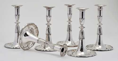 LOT OF 6 SILVER-PLATED, TRUMPET-SHAPED CANDLESTICKS