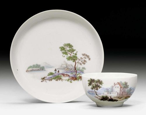 GROUP OF 3 CUPS AND SAUCERS WITH LANDSCAPE DECORATION,Zurich, circa 1770-80. Underglaze blue marks Z and dots. 1 associated cup in soft porcelain. (6)