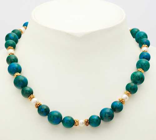 AZURITE-MALACHITE AND PEARL NECKLACE, probably BY GILBERT ALBERT.