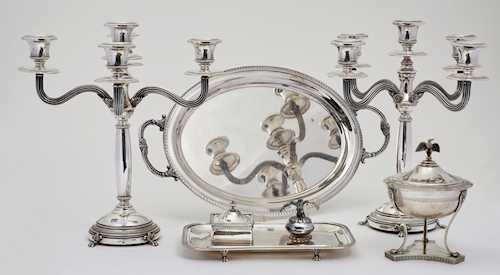 MIXED LOT COMPRISING TWO CANDELABRA, WRITING SET, LIDDED BOX, AND OVAL TRAY