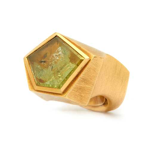 BERYL AND GOLD RING, probably BY MAJO FRUITHOF, ca. 1994.