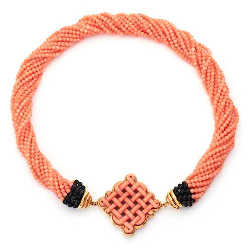CORAL, ONYX AND GOLD NECKLACE/TORSADE.