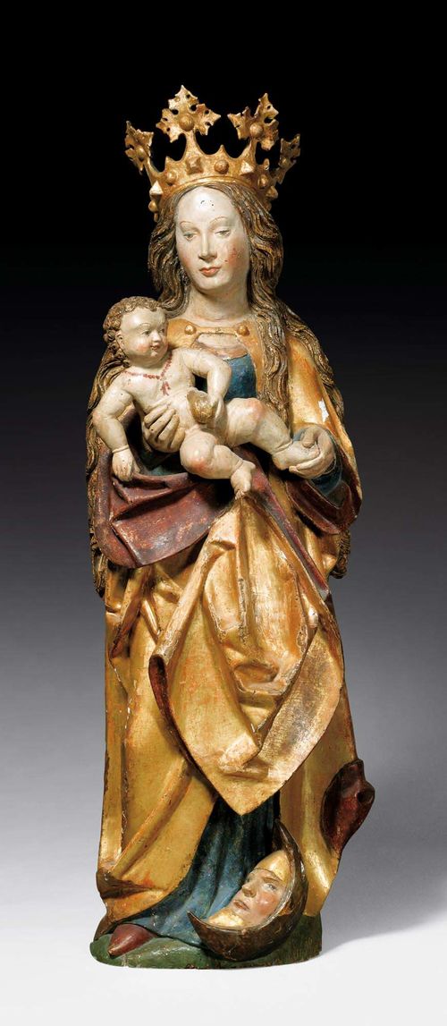 SCULPTURE OF VIRGIN AND CHILD ON CRESCENT,late Gothic, South Germany, circa 1490. Carved and painted limewood, verso hollow. Some losses, the face and the painting partly retouched. Worm holes. H 98 cm.
