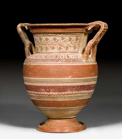VASE,Hellenistic, probably Syria, 4th century BC. Painted terracotta. Vase with 2 handles and a broad neck, on a round base. With leaf band, stripes, and an ivy pattern. Repairs. H 35.5 cm. Provenance: Austrian private collection, acquired in Vienna in the 1980s.