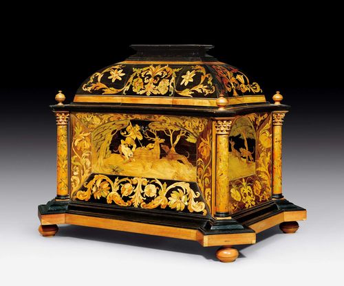 CASKET,Baroque, Bohemia or Austria, 18th century. Walnut and local, partly dyed and ebonised fruitwoods in veneer with exceptionally fine inlays on all sides. Iron lock. The interior lined with old paste paper. 57x42x50 cm.