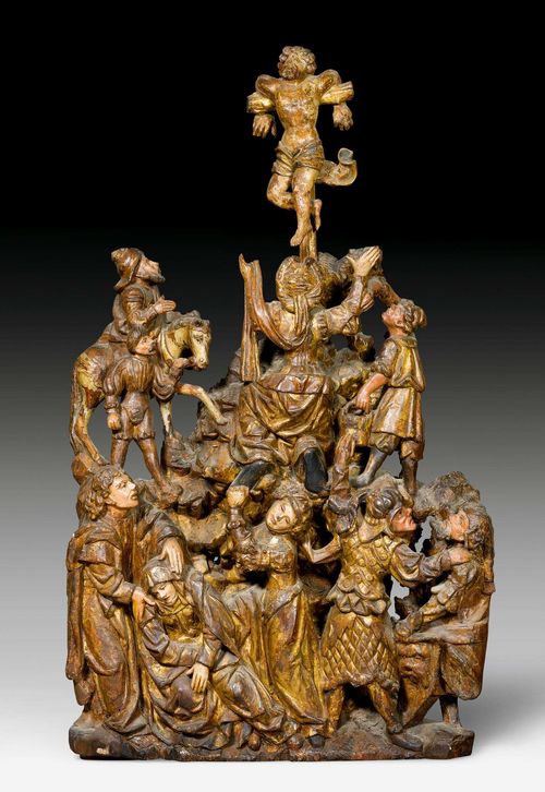 CALVARY,Renaissance, Antwerp circa 1510. Carved and painted wood, verso flat. Multi-figural depiction with Mary Magdalene as the central figure kneeling before the cross, to the side a man on horseback and a servant with vessel. Below, John with Mary, Mary Cleophas and 2 soldiers. The figures partly in contemporary dress. The cross with Christ missing and replaced with one with thief. Verso with heavy worm damage and restored. H 89 cm.