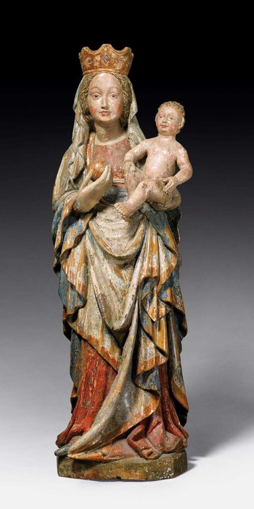 SCULPTURE OF VIRGIN AND CHILD,Austria, Tyrol, probably Late Gothic 1490. Limewood carved full round, with remains of painting. Various remnants of paint, flaking of later varnish. Crown later, verso of the plinth area probably reworked/supplemented. H 84 cm. Provenance: - German private collection. - Munich art gallery, 1985. - European private collection.