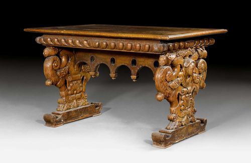 CENTER TABLE,Renaissance and later, France, Loire region. Walnut, open-worked and carved with mascarons, gargoyles, palmettes, cartouches, leaves, volutes, fruit and decorative frieze. 135x87x82 cm. Provenance: - Galerie Koller Zurich, acquired on 1.9.1978. - Swiss private collection.