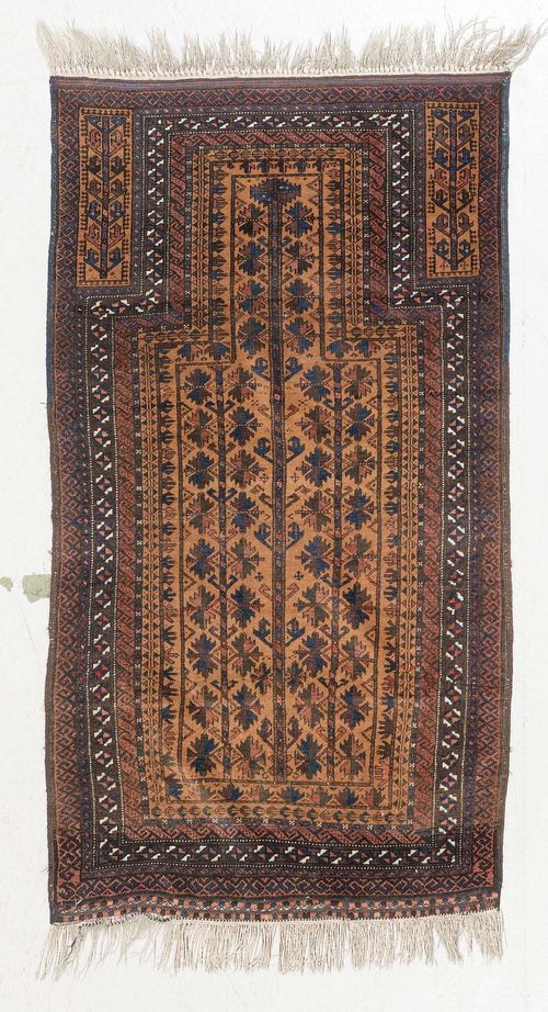 BELUTCH antique.Beige central field with stylized trees, slight wear, 80x150 cm.