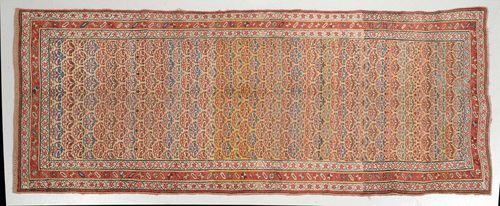 BIDJAR antique.Yellow central field, patterned throughout with stylized flowers, triple-stepped edging in red and white, restored in some areas, signs of wear 135x320 cm.
