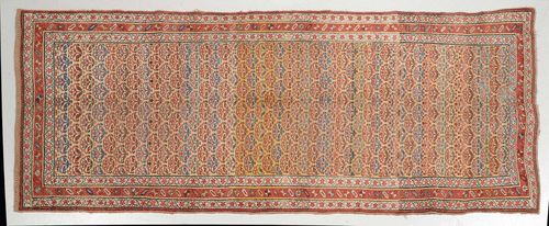 BIDJAR antique.Yellow central field, patterned throughout with stylized flowers, triple-stepped edging in red and white, restored in some areas, signs of wear 135x320 cm.