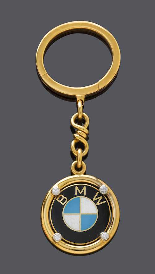 ENAMEL, GOLD AND DIAMOND BMW KEY CHAIN, BY HEMMERLE. Yellow gold 750, 46g.