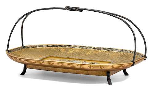 A GOLD LACQUER AND SHIBAYAMA TRAY WITH HANDLE.