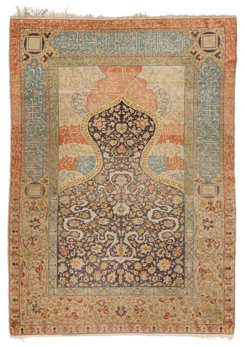 KAYSERI PRAYER antique.Dark mihrab with light spandrels, florally patterned, beige edging with trailing flowers and inscriptions, signs of wear, 132x185.