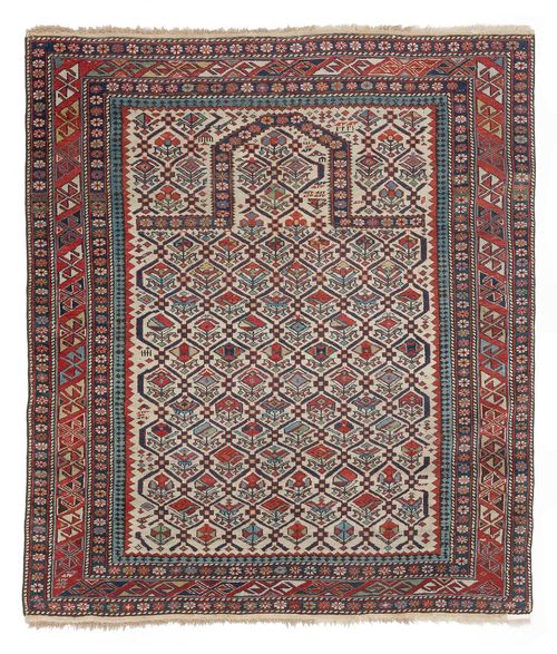 MARASALI antique.White ground, finely patterned with stylized flowers, red edging, signs of wear, 115x127 cm.