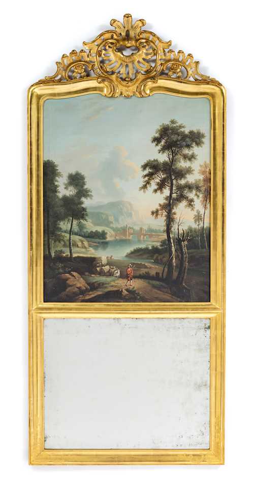 TRUMEAU MIRROR WITH A LANDSCAPE PAINTING