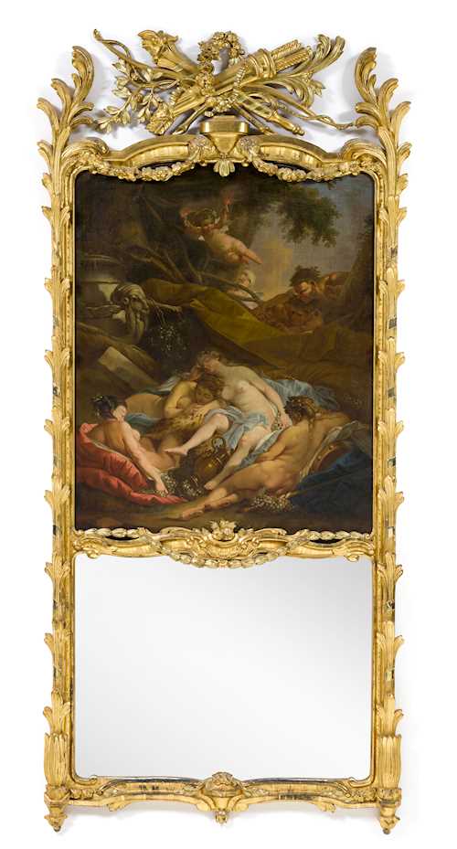 IMPOSING MANTEL MIRROR  "À PALMES" WITH MYTHOLOGICAL PAINTING