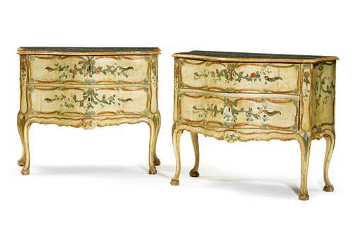 RARE PAIR OF PAINTED AND CARVED COMMODES