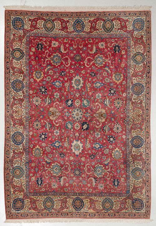 TABRIZ old.Bordeaux central field patterned throughout with trailing flowers and palmettes, white edging, 244x324.