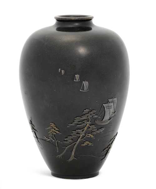 A BRONZE VASE DECORATED WITH SHIPS AND PINES.