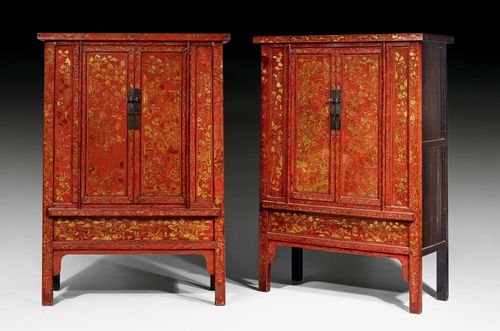 PAIR OF LACQUER CABINETS,China, early 19th century. Shaped and lacquered hardwood. Iron mounts. 134x60x194 cm.