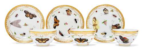 THREE TEA BOWLS AND SAUCERS "INSECTES, PAPILLONS, CHAINETTE OR”