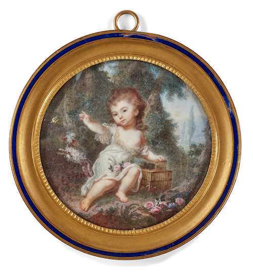 ROUND PORTRAIT MINIATURE OF A GIRL WITH A DOG AND A BIRD