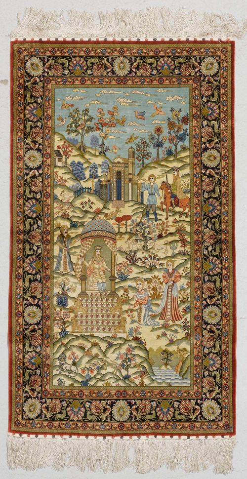 PICTORIAL CARPET SILK. Colourful depiction of a landscape with human figures, animals and plants, black edging, in good condition, 90x155 cm.