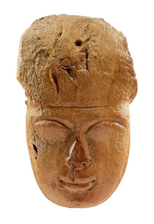 WOODEN MASK, PROBABLY FROM A MUMMY-SHAPED WOODEN SARCOPHAGUS
