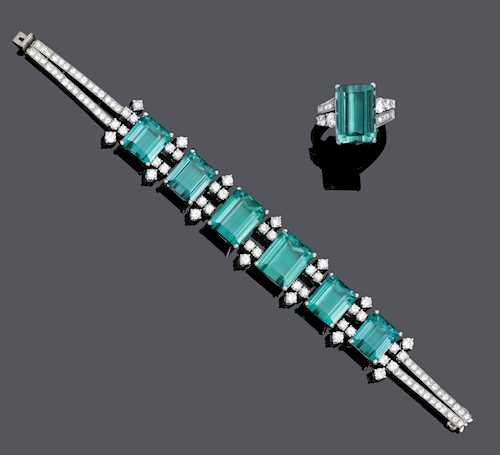 TURMALIN-DIAMANT-BRACELET UND RING, um 1970.